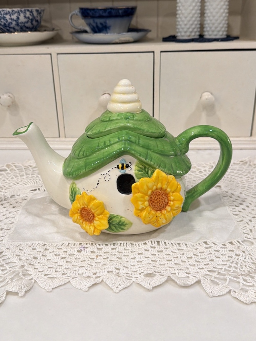 Hand-Painted Sunflower Birdhouse Teapot — Green and Yellow Ceramic Décor